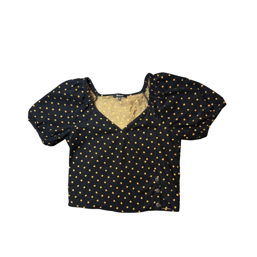 Madewell Black polka Dot Print Corduroy Puff Sleeve Wrap Top Size XS